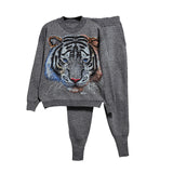 Manual Beaded Tiger Knitted Tracksuit Set Women Loose O neck Knit Tops Pencil Pant Casual Knitwear Outfits