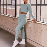 Fashion Rib 2 Piece Set Women Tracksuit Fall Crop Tops Leggings Casual Sweet High Stretch Jogger Outfits Streetwear