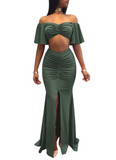 Pleated Slim Two-Piece Crop Top and Skirt Set
