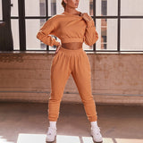 Fashion Rib 2 Piece Set Women Tracksuit Fall Crop Tops Leggings Casual Sweet High Stretch Jogger Outfits Streetwear