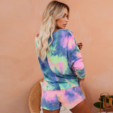 Tie Dye Colorful Print 2 Piece Set Summer Gradient Colored Long SleeveTop Wide Leg Shorts Pants Set Women Tracksuit Streetwear