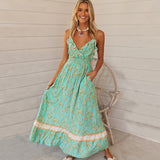 New Bohemian print Ruffle hem V-neck Halter Dress