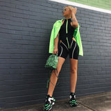 Simenual Casual Sporty Women Two Piece Sets Reflective Striped Zipper Outfits Bodysuit And Cut Out Shorts Set Streetwear