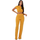 Women knitted long sleeve o-neck crop top wide leg pants 2 piece set for female women tops pants two pieces sets women's suits