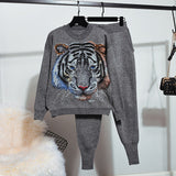 Manual Beaded Tiger Knitted Tracksuit Set Women Loose O neck Knit Tops Pencil Pant Casual Knitwear Outfits