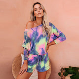 Tie Dye Colorful Print 2 Piece Set Summer Gradient Colored Long SleeveTop Wide Leg Shorts Pants Set Women Tracksuit Streetwear