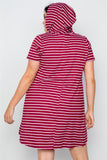 Plus Size Burgundy Stripe Short Sleeve Hooded Shirt Mini Dress