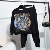 Manual Beaded Tiger Knitted Tracksuit Set Women Loose O neck Knit Tops Pencil Pant Casual Knitwear Outfits