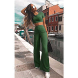Women knitted long sleeve o-neck crop top wide leg pants 2 piece set for female women tops pants two pieces sets women's suits