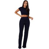 Women knitted long sleeve o-neck crop top wide leg pants 2 piece set for female women tops pants two pieces sets women's suits