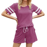 Spring and summer new women's short-sleeved striped T-shirt pocket shorts casual two-piece suit