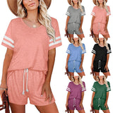 Spring and summer new women's short-sleeved striped T-shirt pocket shorts casual two-piece suit