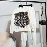 Manual Beaded Tiger Knitted Tracksuit Set Women Loose O neck Knit Tops Pencil Pant Casual Knitwear Outfits