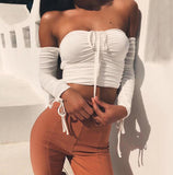 Off Shoulder Crop Tops Casual Ruched Pleated White T-shirt Women Short Sleeve Cropped Tshirt for Women Clothing