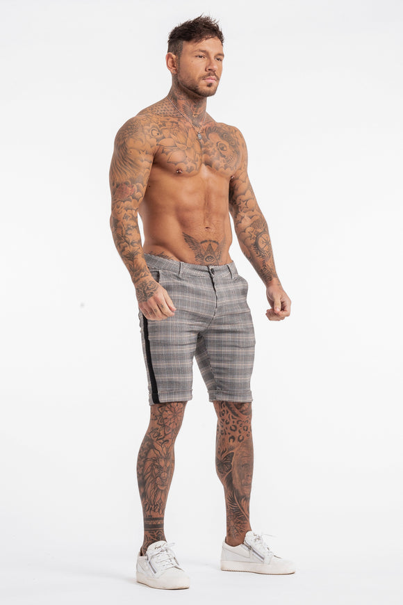 Check Shorts With Black Stripe - Stone Grey