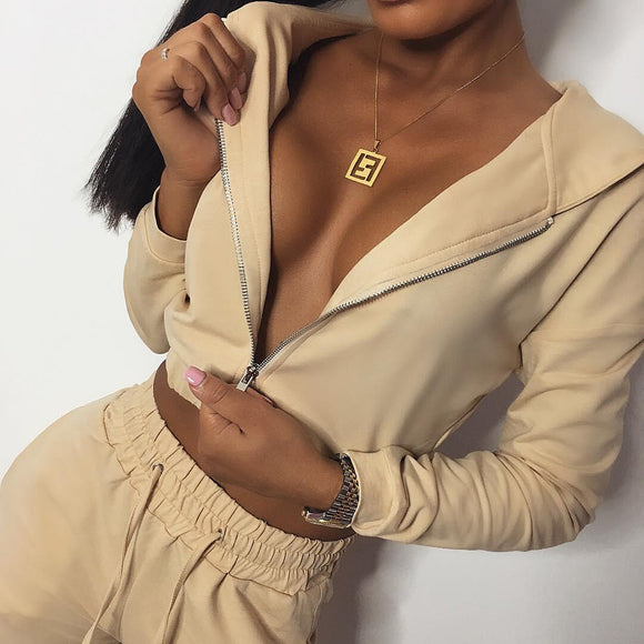 Long Sleeve 2-Piece Hooded Jacket Sweater Sports Suit