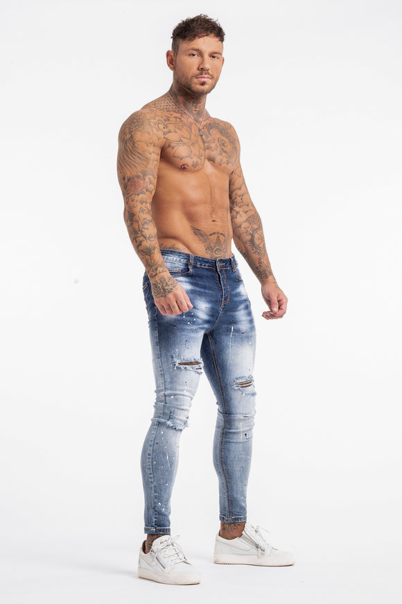 Skinny Ripped Paint Splash Jeans - Blue