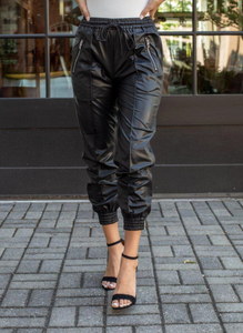 PU leather harem elastic pants