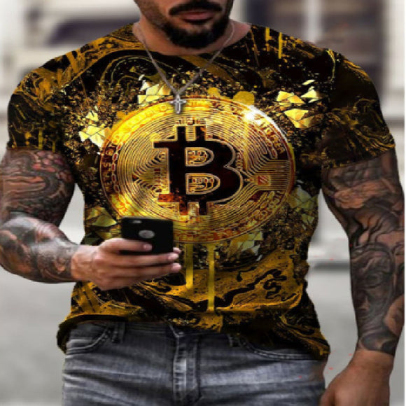 Mens Short Sleeve Loose T-shirt Bitcoin 3D Print Slim Round Neck Pullover Plus Size Casual Streetwear Fashion T Shirt For Men