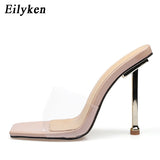 Summer Sexy PVC Transparent Jelly Slippers Slides Square Toe Metal High Heels Women's Stiletto Sandals Shoes Size 35-42