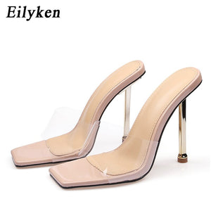 Summer Sexy PVC Transparent Jelly Slippers Slides Square Toe Metal High Heels Women's Stiletto Sandals Shoes Size 35-42