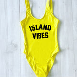 Sexy Swimwear Women ISLAND VIBES Letter Print Swimwear Women High Cut Low Back Bathing Suits