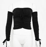 Off Shoulder Crop Tops Casual Ruched Pleated White T-shirt Women Short Sleeve Cropped Tshirt for Women Clothing