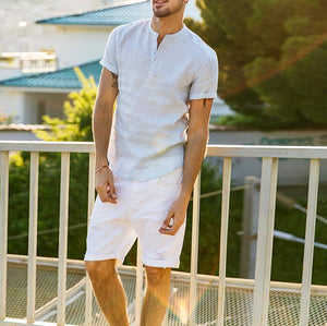 Slim Fit No Collar Linen Shirt