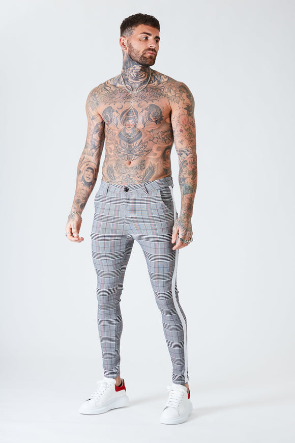 Skinny Check Trousers With White Stripe - Grey