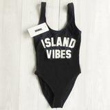 Sexy Swimwear Women ISLAND VIBES Letter Print Swimwear Women High Cut Low Back Bathing Suits