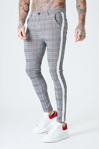 Skinny Check Trousers With White Stripe - Grey