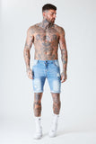 Distressed Skinny Denim Shorts - Light Blue