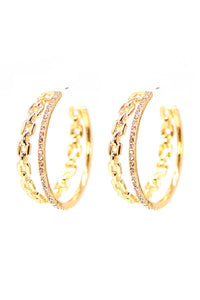 Double Chain And Rhinestone Ring Open Metal Hoop Earring
