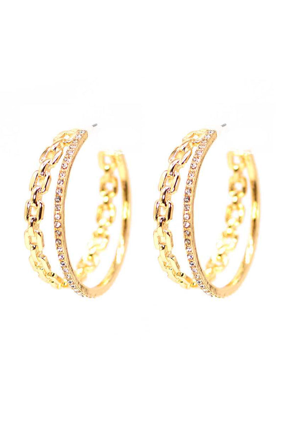Double Chain And Rhinestone Ring Open Metal Hoop Earring