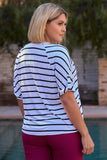 Plus White & Black Stripped V-neck With Vegan Leather Detail Short Roll Up Sleeve Relaxed Fit Top