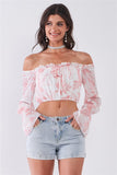 Leaf Print Off-the-shoulder Long Flounce Sleeve Self-tie Front Cropped Top