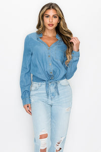 Long Sleeves Waist-tie Denim Top
