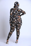 Printed Mesh Jumpsuit With Headpiece