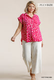 V-neck Dalmatian Print Button Front Top With Pocket Detail