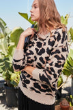 Round Neck Long Sleeve Frayed Edge Leopard Print Sweater