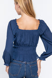 Long Slv Smocking Woven Top