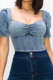 Acid Wash Puff-sleeve Crop Top
