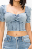 Acid Wash Puff-sleeve Crop Top