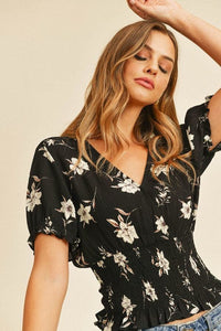 Puff Sleeve Smocked Waist Surplice Top