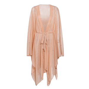 In-X Sexy gold swimsuit cover ups women Summer beach dress Strap belt cover up Kaftan Ladies kimono Bat sleeve Beach wear bather