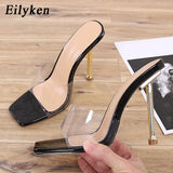 Summer Sexy PVC Transparent Jelly Slippers Slides Square Toe Metal High Heels Women's Stiletto Sandals Shoes Size 35-42