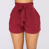 Womens High waist Shorts Elastic Waist Belt Bandage Solid Shorts Female Beach Loose Shortpants