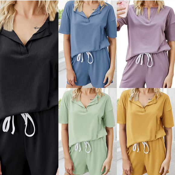 Outdoor Wear Simple Durable Home Solid Color Short Sleeve Casual  Two Piece