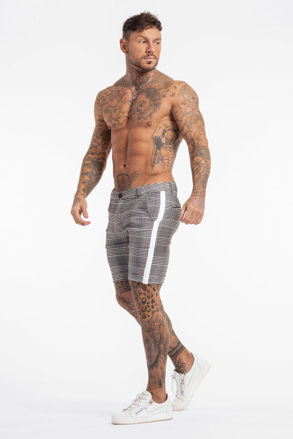 Skinny Check Shorts With White Stripe - Grey