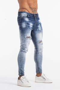 Skinny Ripped Paint Splash Jeans - Blue